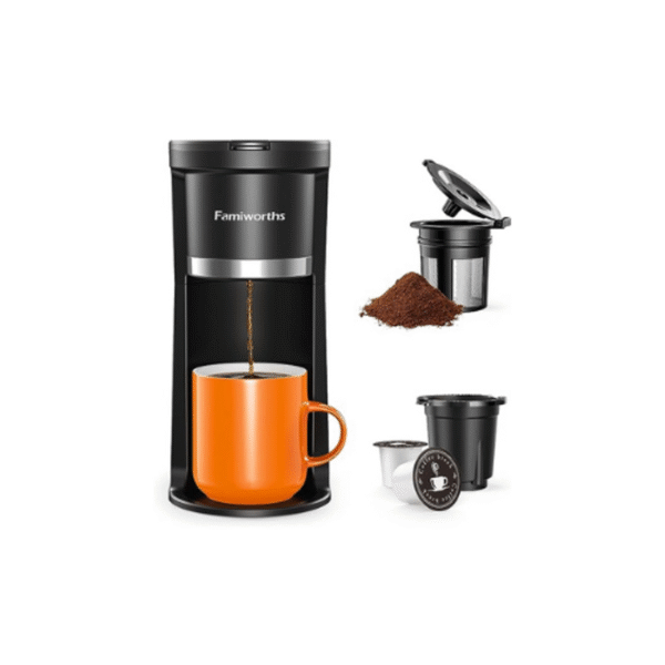 Famiworths Mini Coffee Maker Single Serve, Instant Coffee Maker One Cup for K Cup & Ground Coffee, 6 to 12 Oz Brew Sizes, Capsule Coffee Machine with Water Window and Descaling Reminder, Black