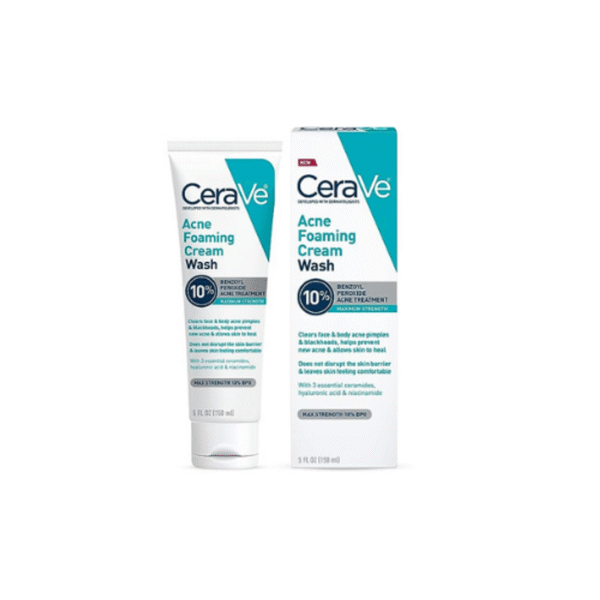 CeraVe Acne Foaming Cream Wash | Face and Body Acne Wash with Benzoyl Peroxide 10% Maximum Strength | Fragrance Free | 5 Oz